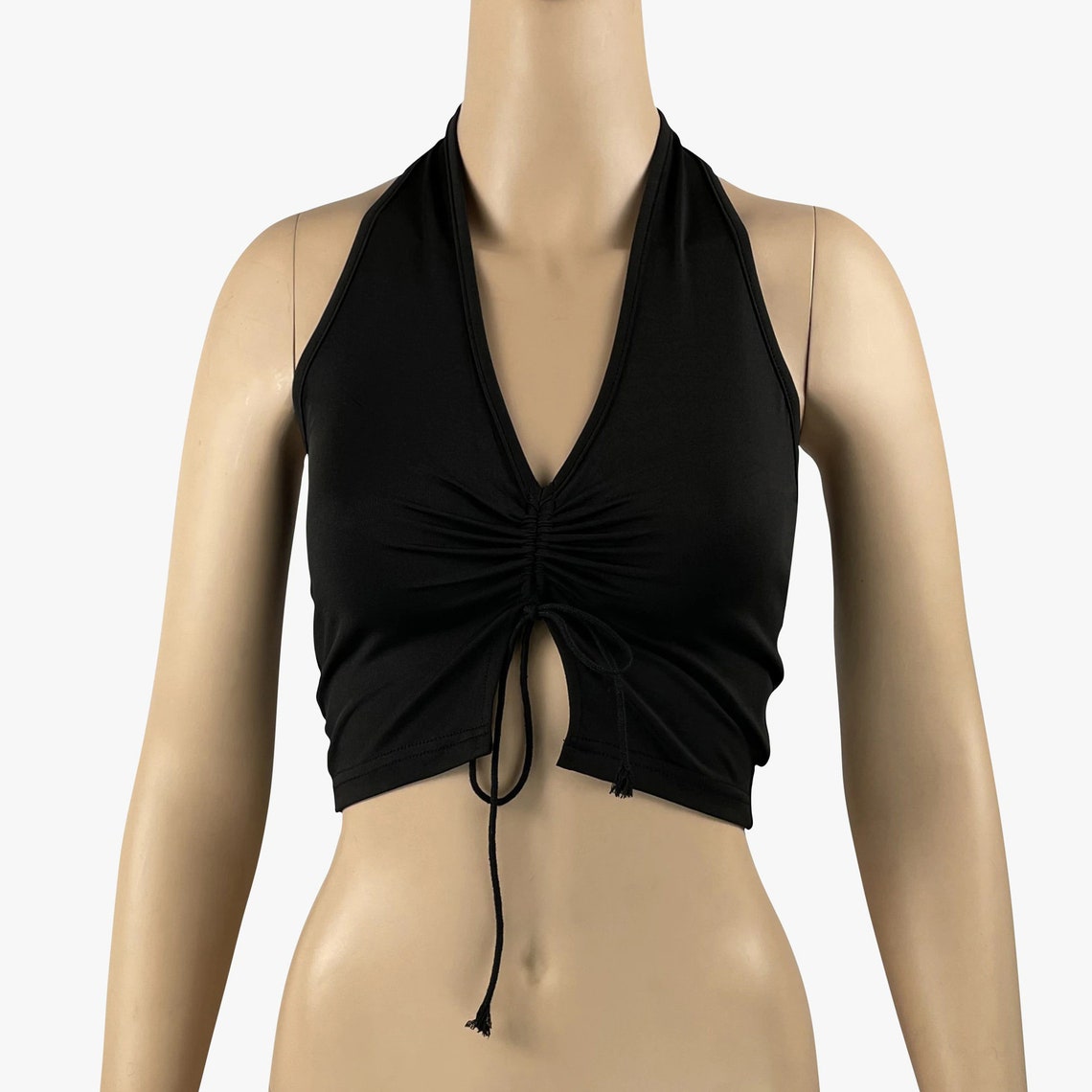 Black Drawstring Ruched Halter Cropped Top