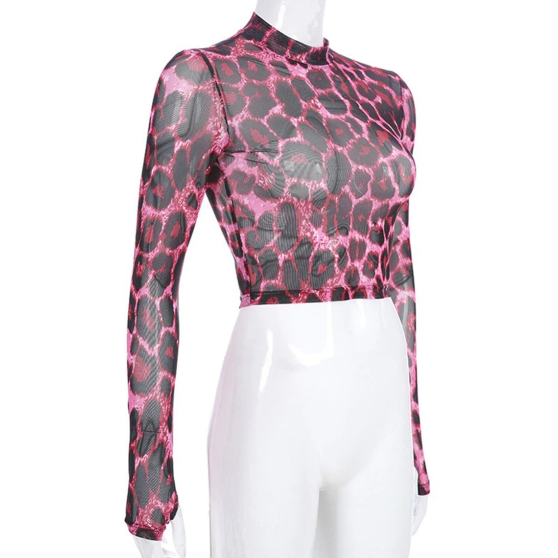 Pink Leopard Print Transparent Mesh Crop Top
