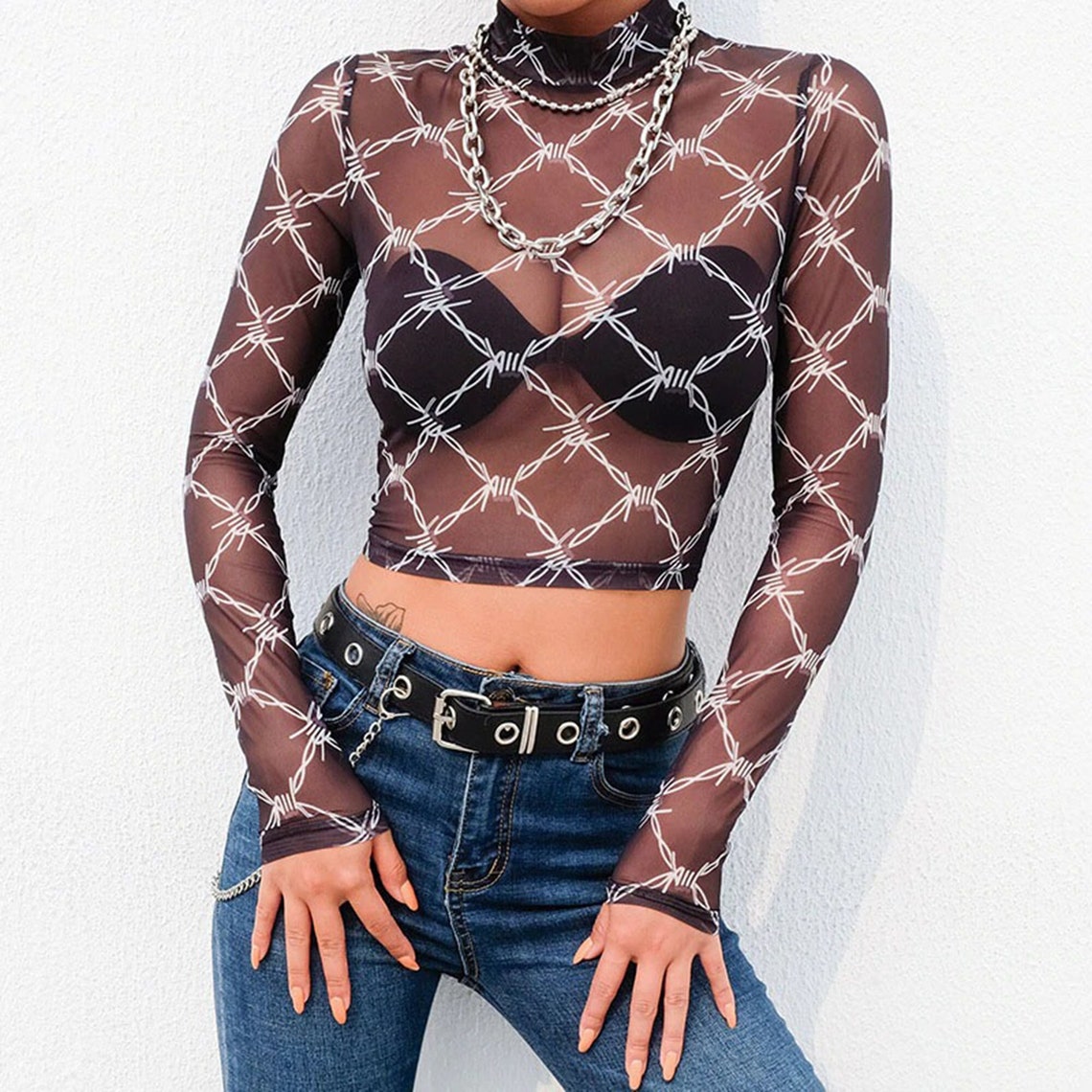 Transparent White Spike Chains Print Crop Top