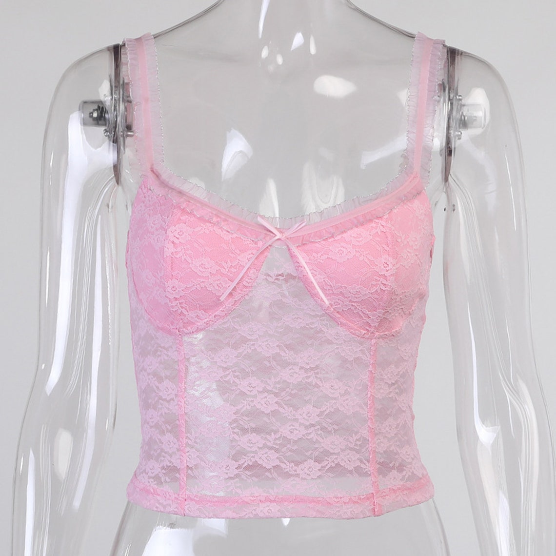 Aesthetic Pink Bow Lace Ruffled Straps Crop Top
