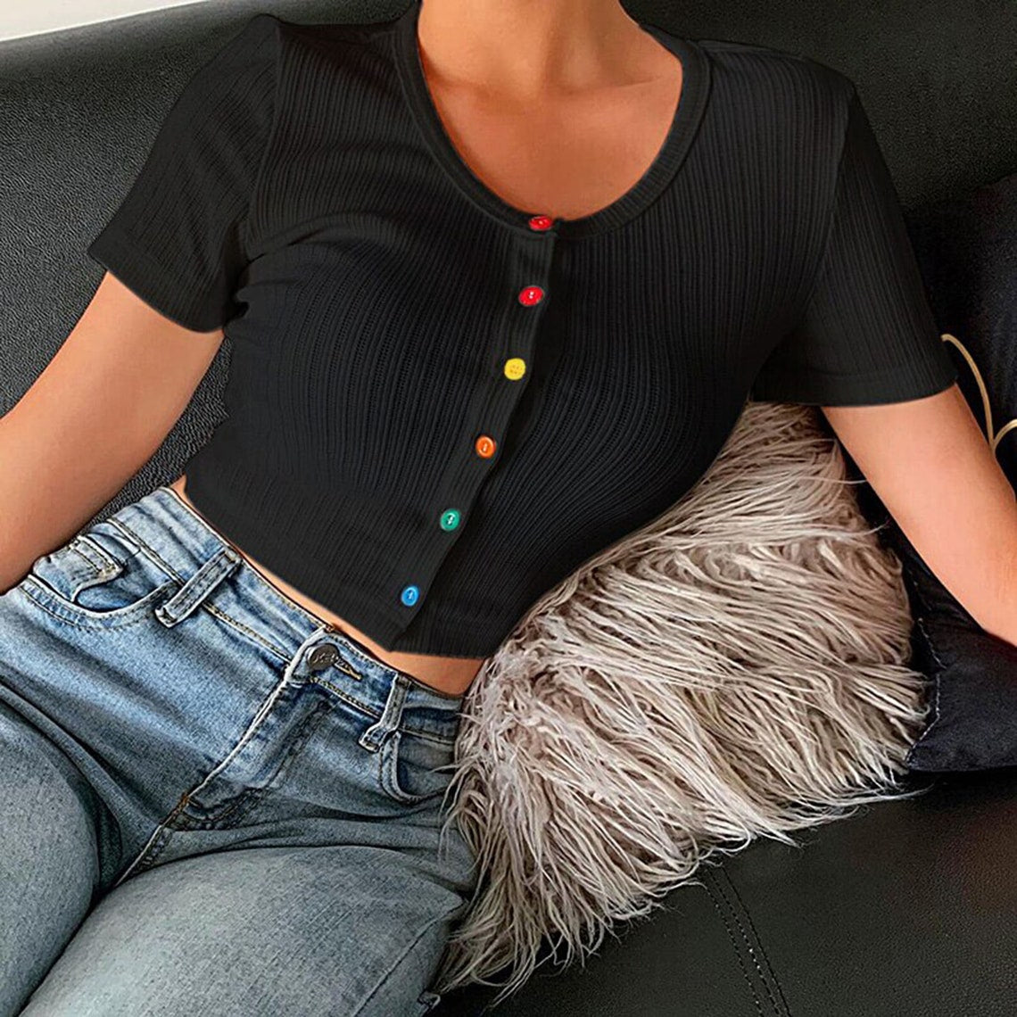 Colorful Buttons Style Fashion Sexy Crop Top