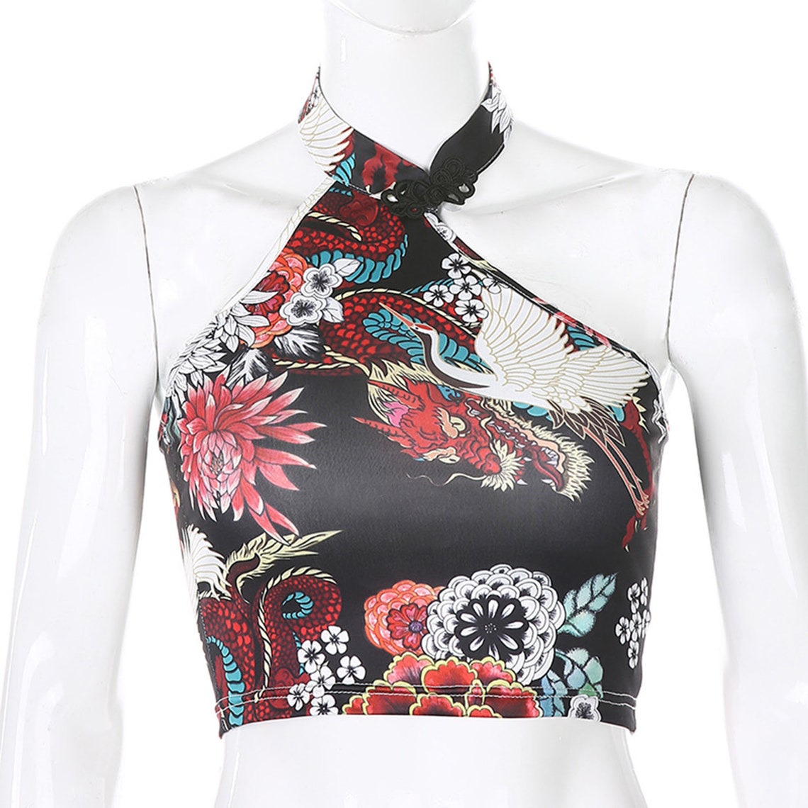 Dragon and Flowers Print Halter Crop Top