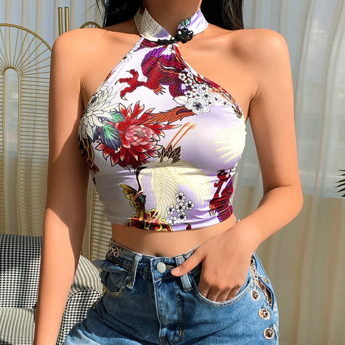 Dragon and Flowers Print Halter Crop Top