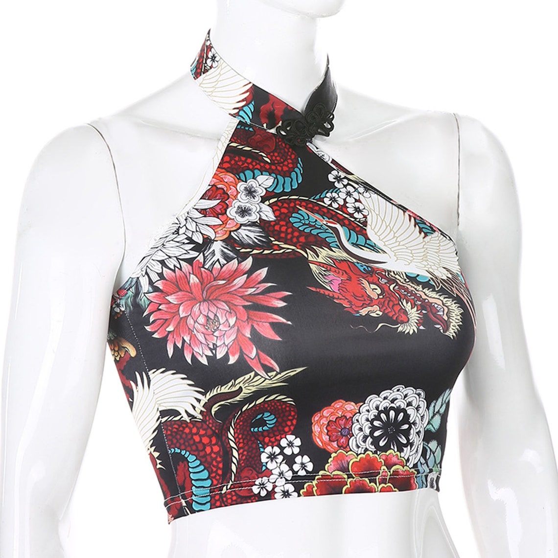 Dragon and Flowers Print Halter Crop Top
