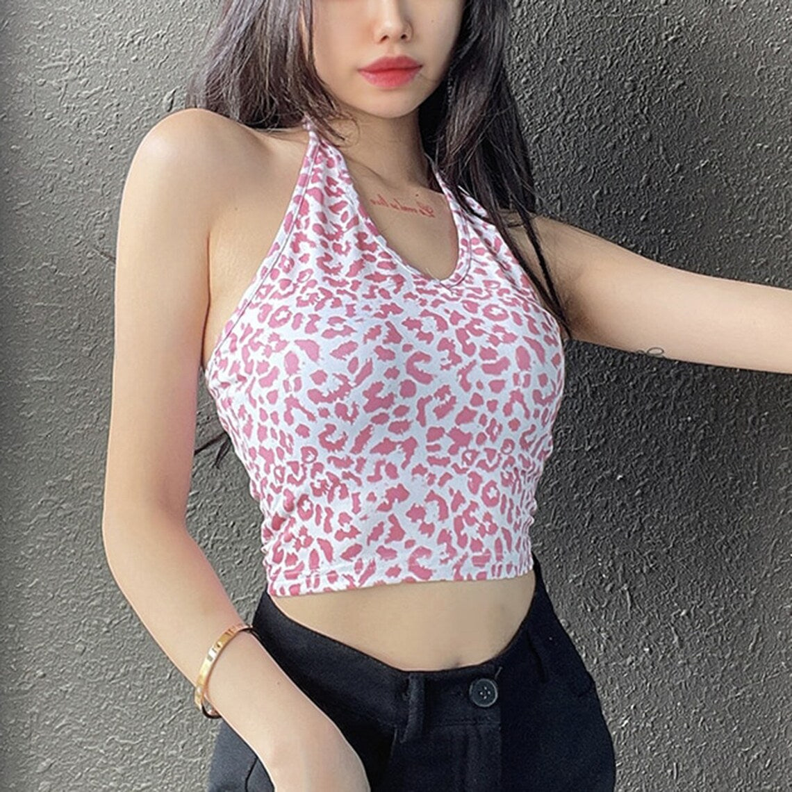 Sweet Pink Leopard Print Halter Crop Top