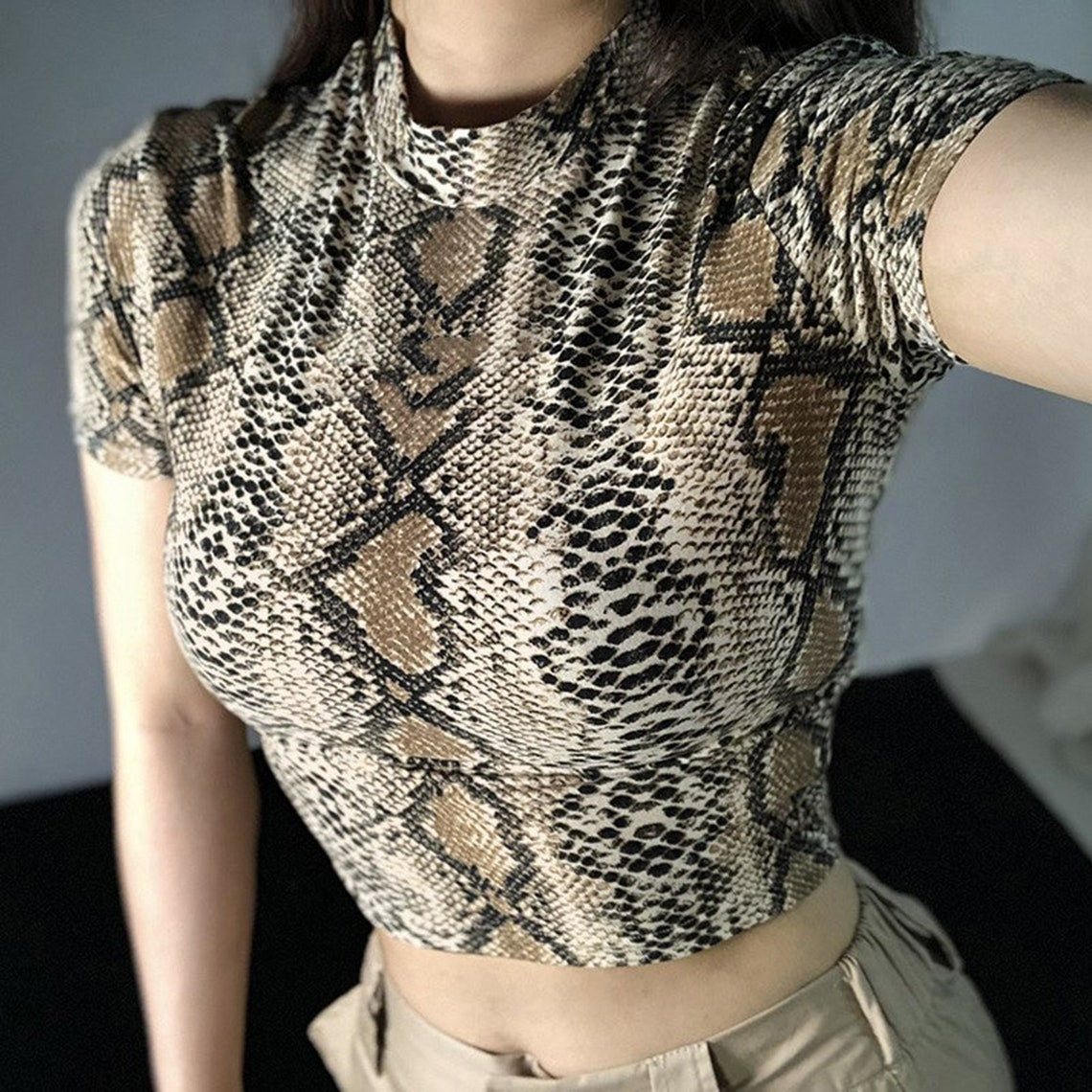 Snake Skin Patterned Print High Collar Crop Top