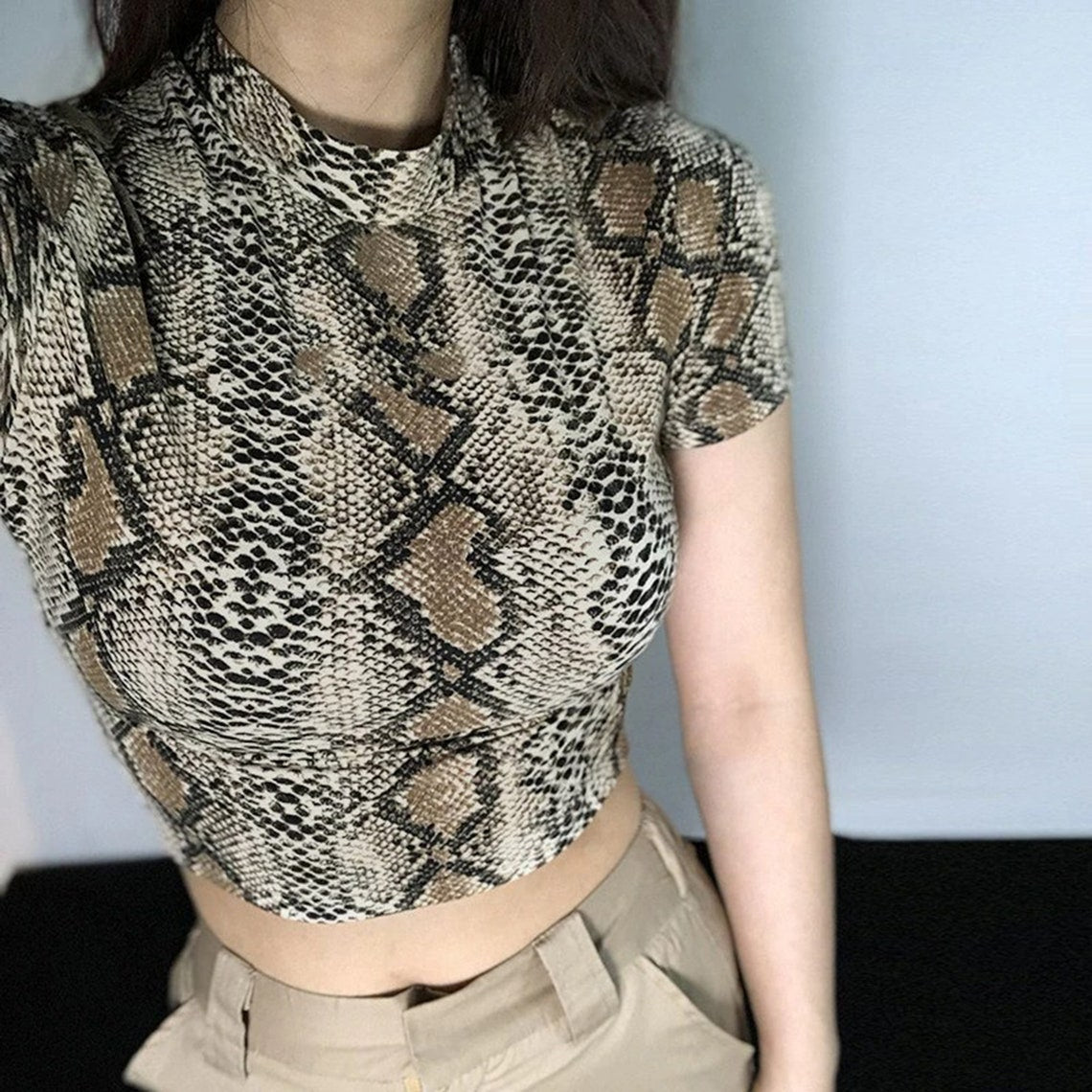Snake Skin Patterned Print High Collar Crop Top