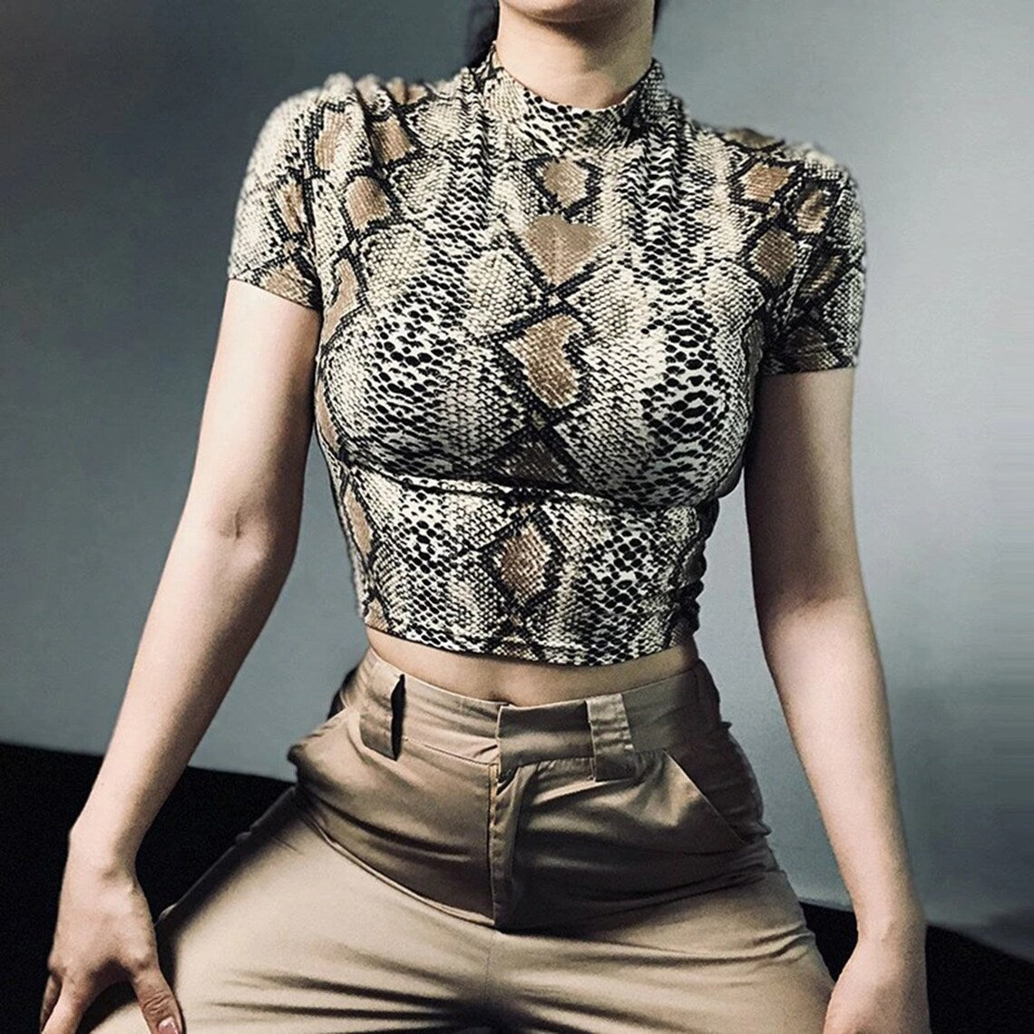 Snake Skin Patterned Print High Collar Crop Top