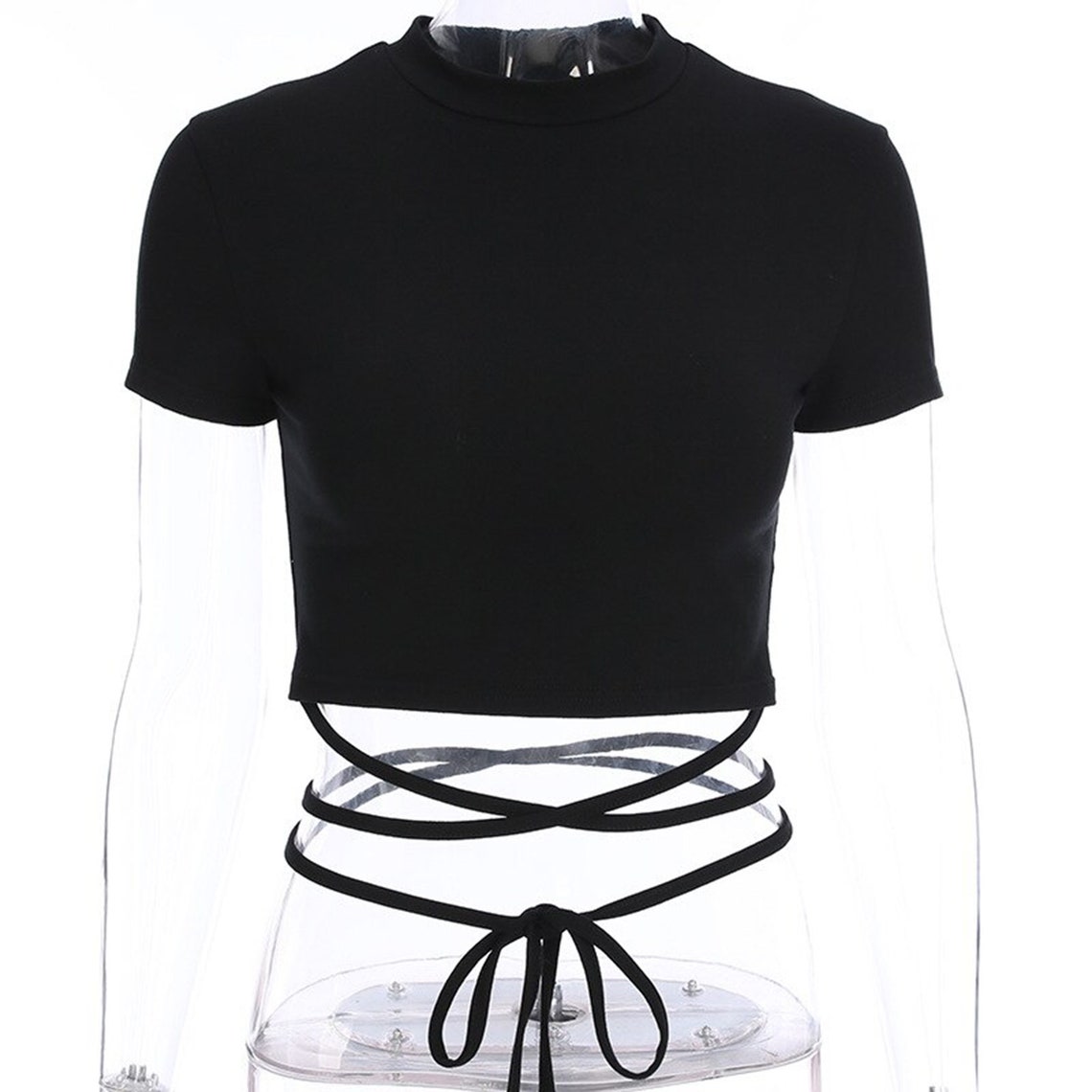 Thin Waist Crossed Straps Black Crop Top