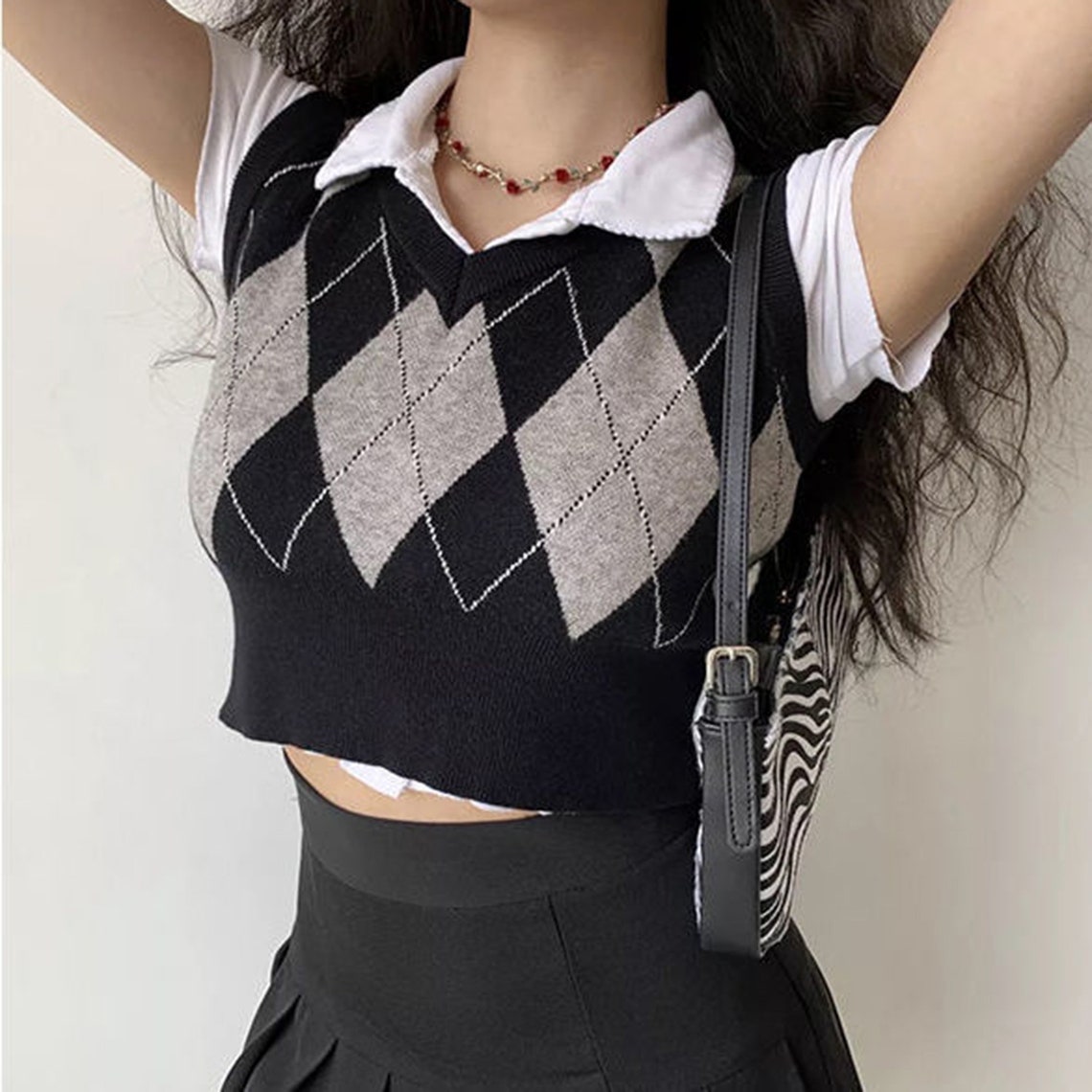 Argyle Harajuku Patterned Preppy Knitted V-neck Vest Top