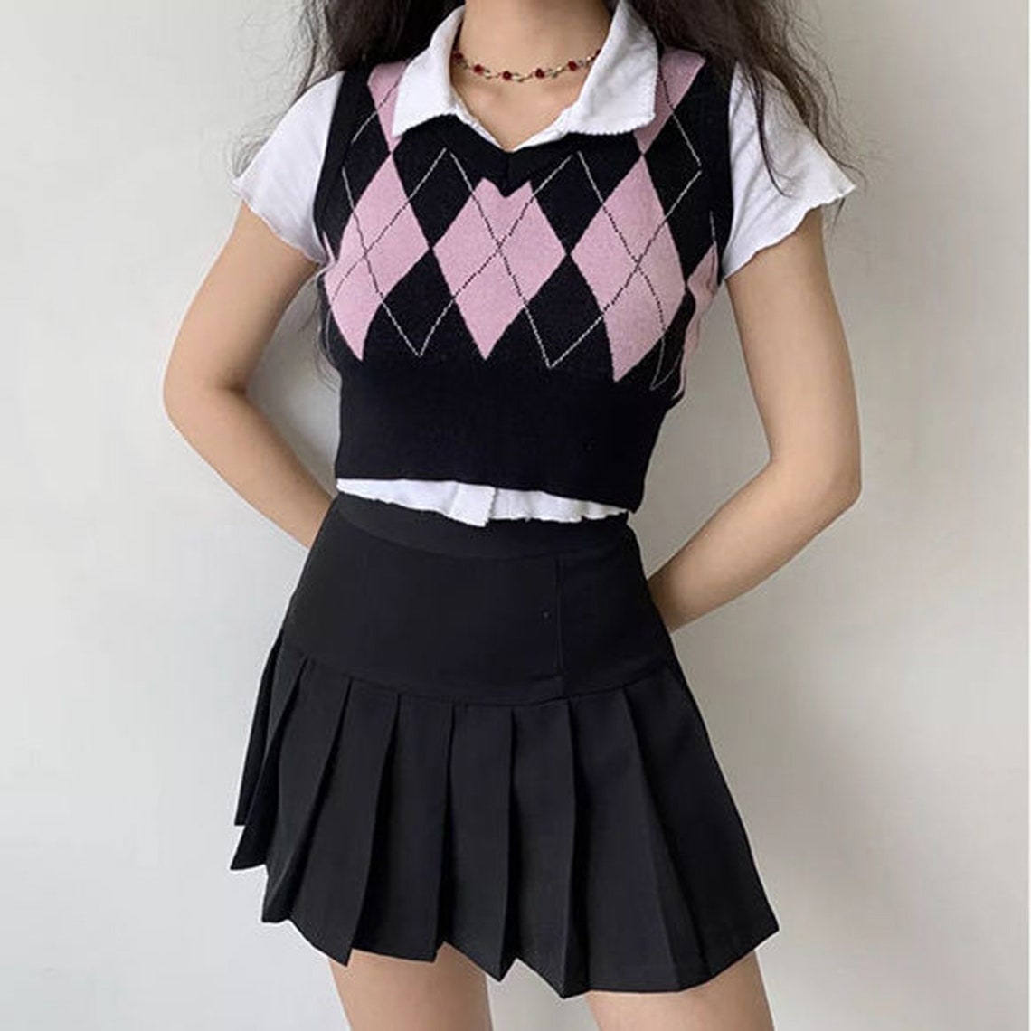Argyle Harajuku Patterned Preppy Knitted V-neck Vest Top