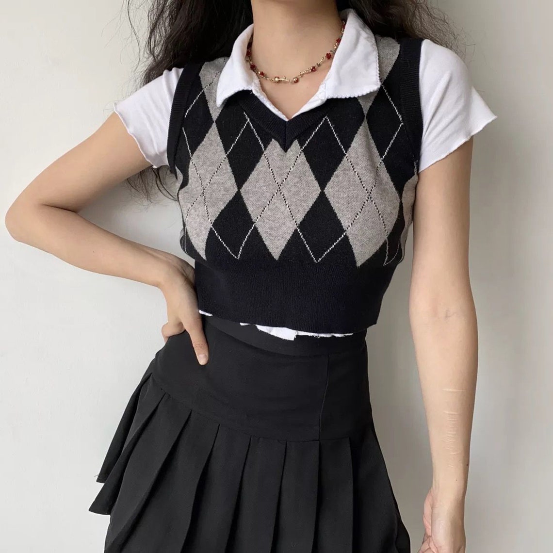 Argyle Harajuku Patterned Preppy Knitted V-neck Vest Top