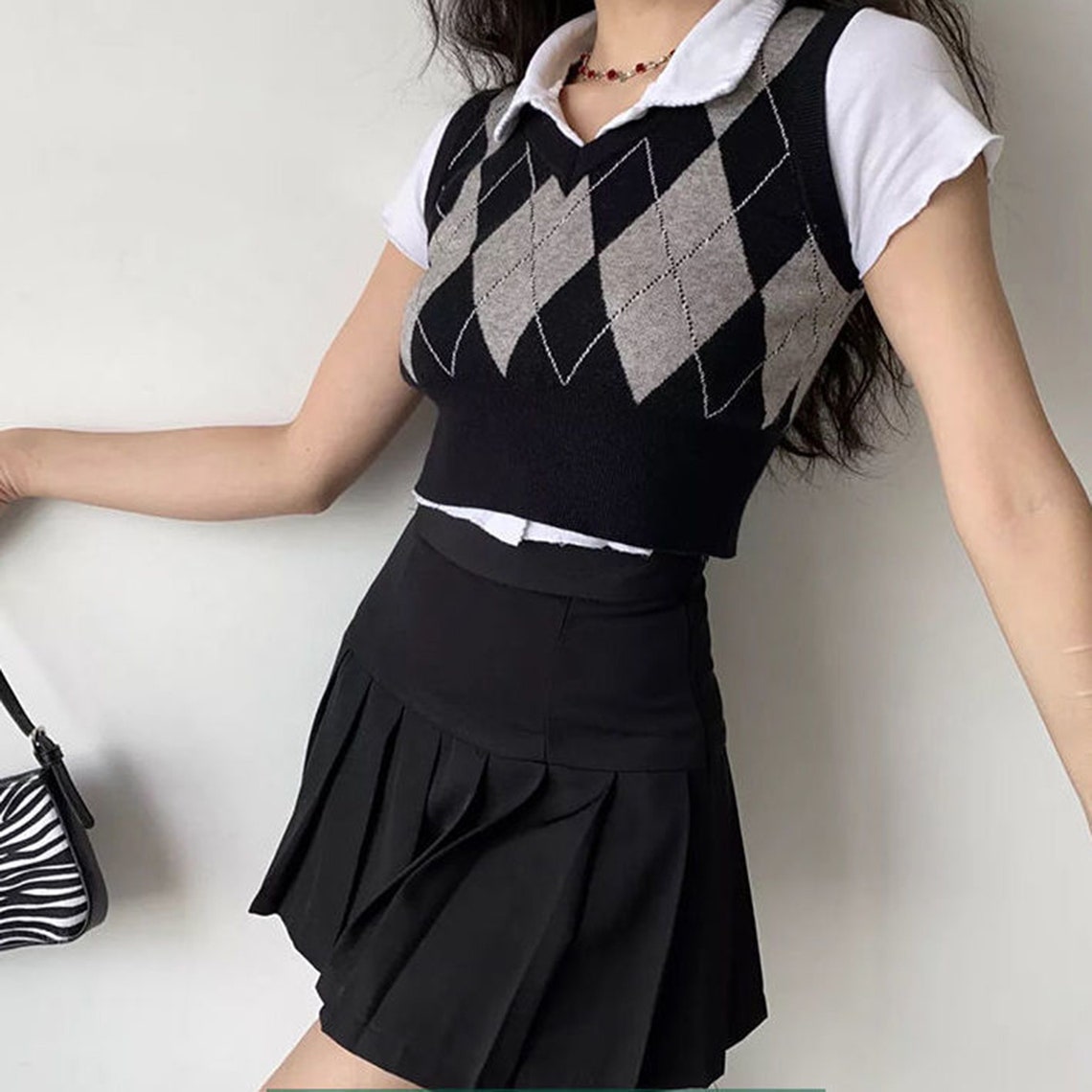 Argyle Harajuku Patterned Preppy Knitted V-neck Vest Top