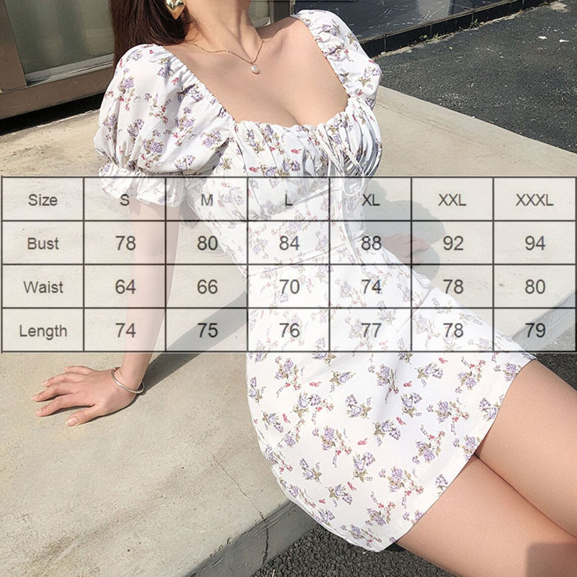 White Floral Print Square Collar Slim Dress