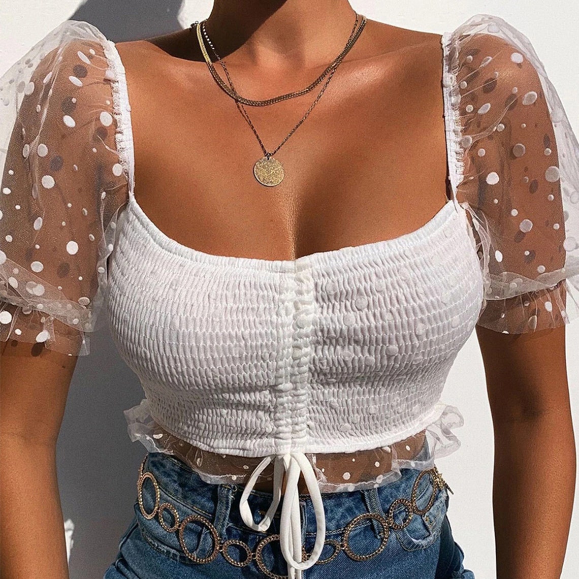 Polka Dots Print Mesh Puff Shoulder Crop Top