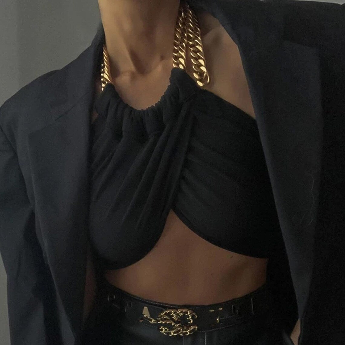 Black Wrap Halter Neck Chains Crop Top