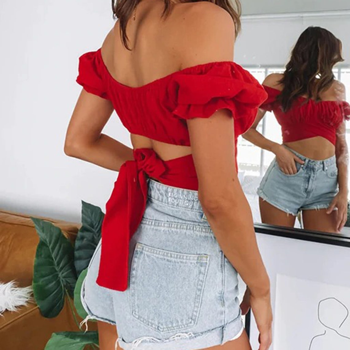 Ruffled Mini Lantern Sleeves Style Wrap Crop Top