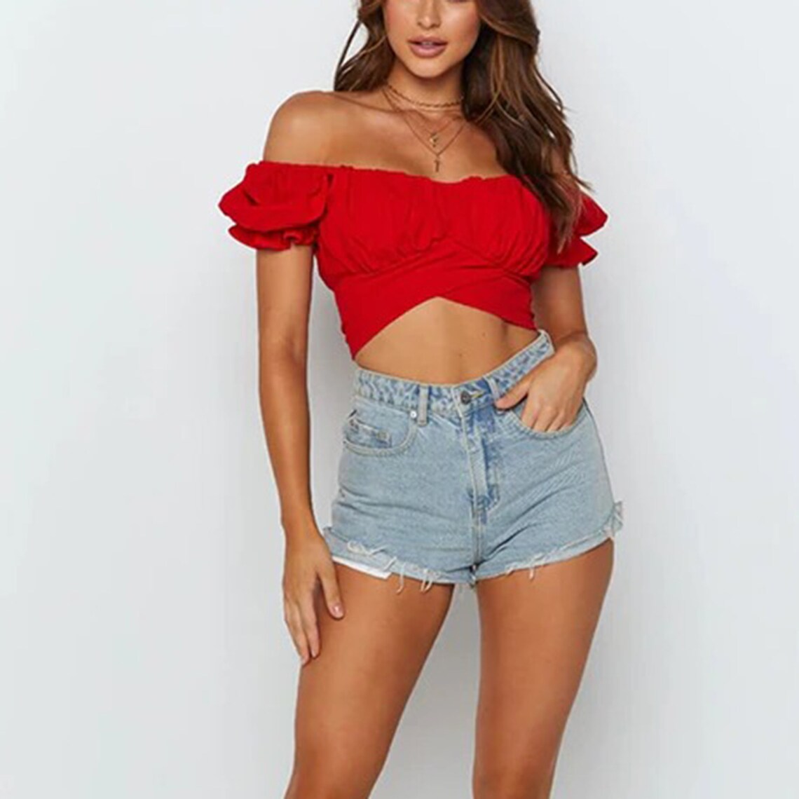 Ruffled Mini Lantern Sleeves Style Wrap Crop Top