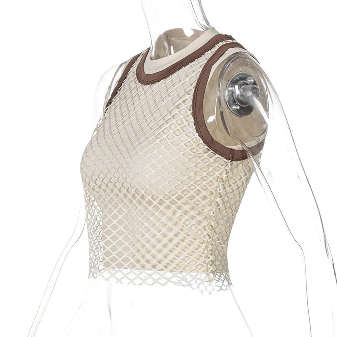 Two-piece Apricot Streetwear Fishnet Crop Top