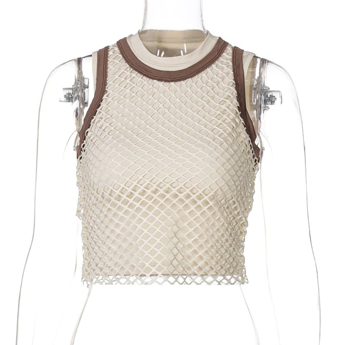 Two-piece Apricot Streetwear Fishnet Crop Top