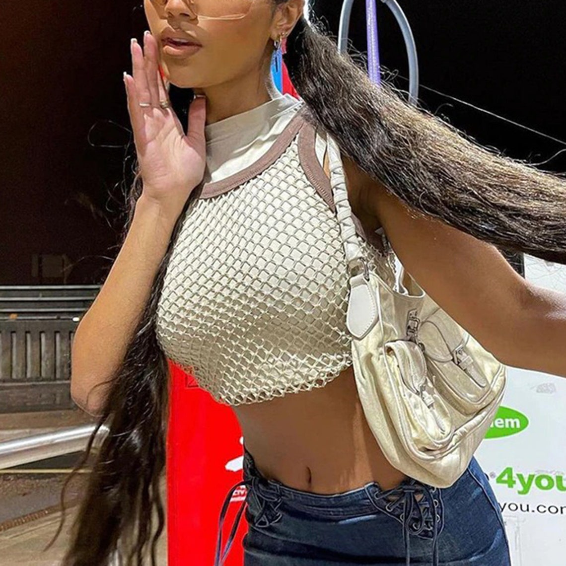 Two-piece Apricot Streetwear Fishnet Crop Top