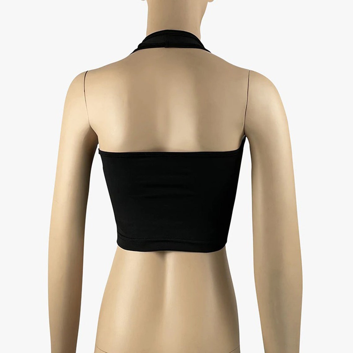 Black Drawstring Ruched Halter Cropped Top