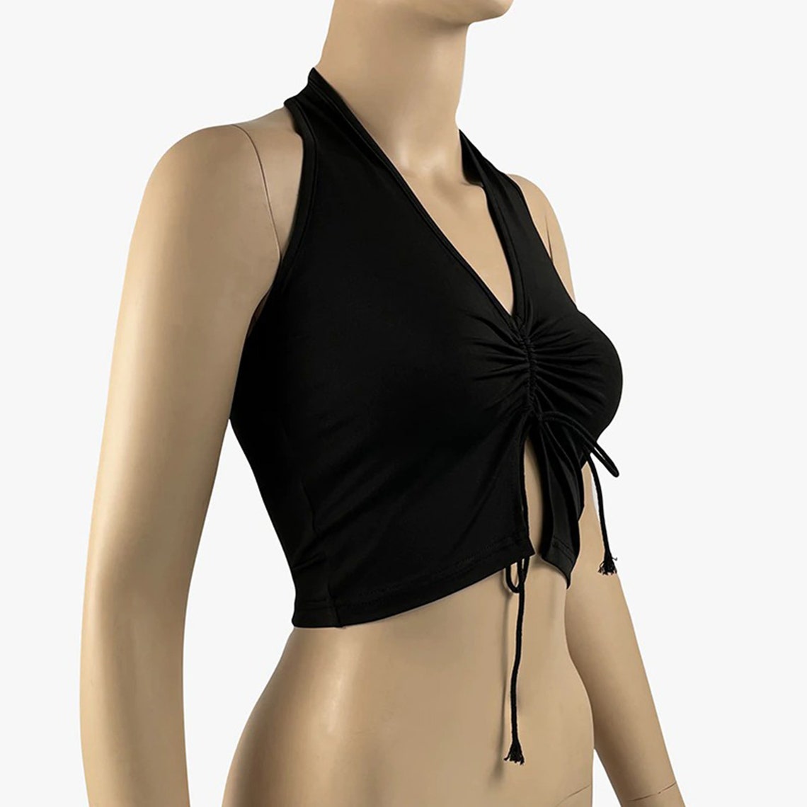 Black Drawstring Ruched Halter Cropped Top