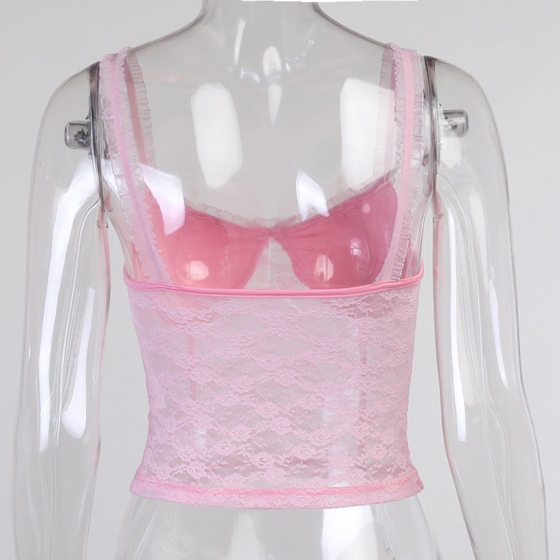 Aesthetic Pink Bow Lace Ruffled Straps Crop Top