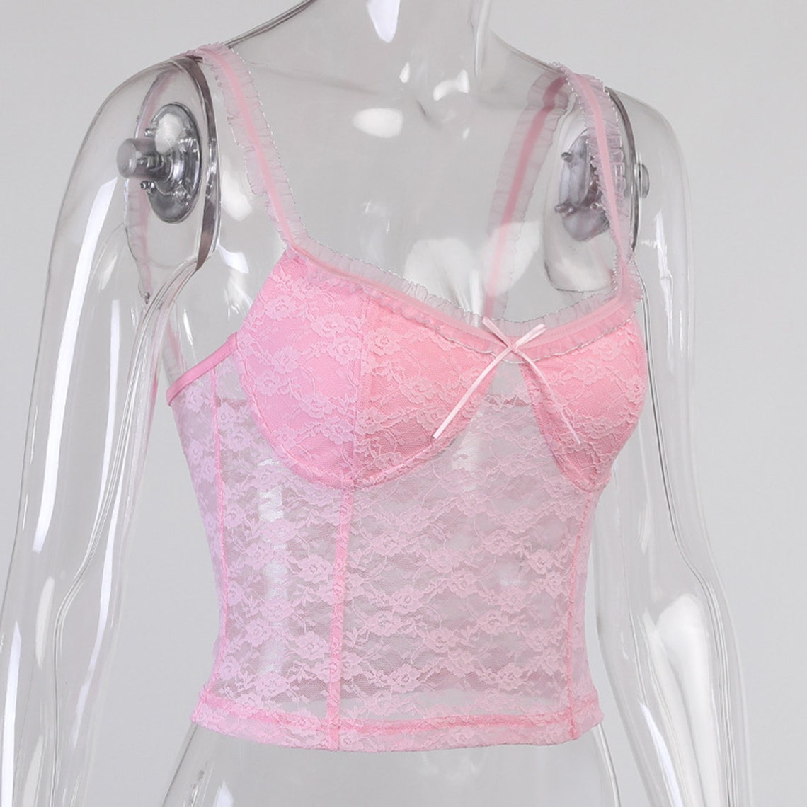 Aesthetic Pink Bow Lace Ruffled Straps Crop Top