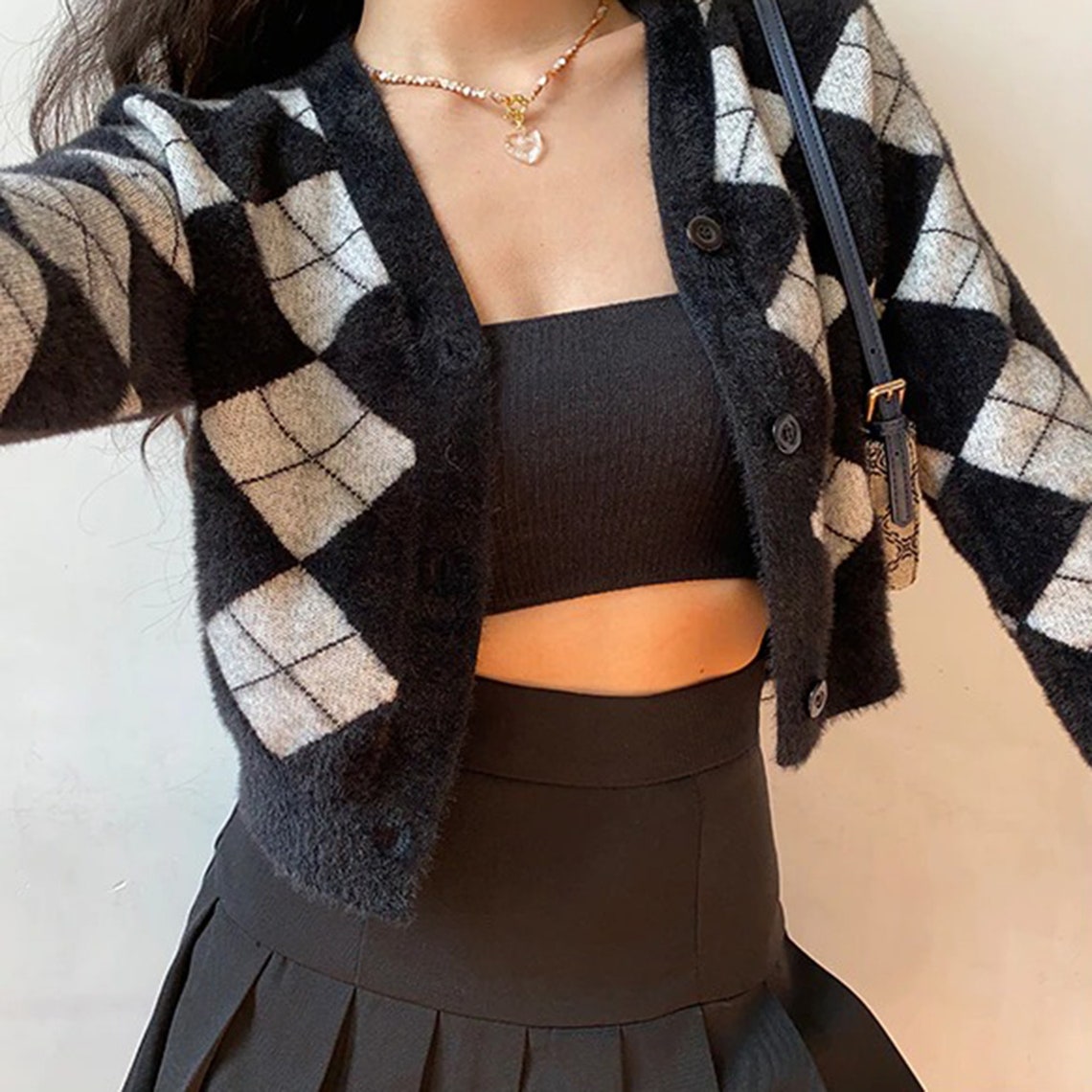 Preppy Cashmere Diamond Plaid Print Top