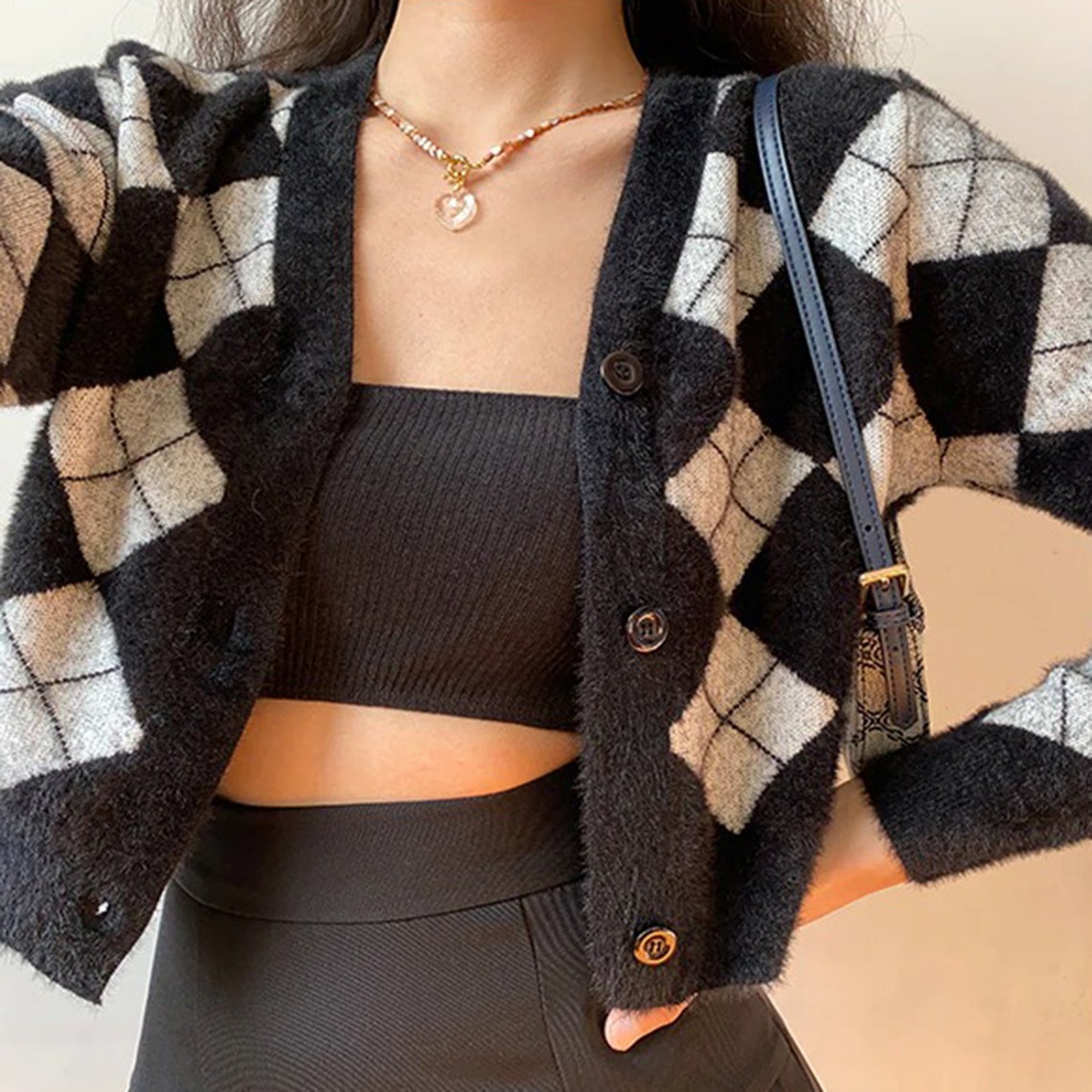 Preppy Cashmere Diamond Plaid Print Top
