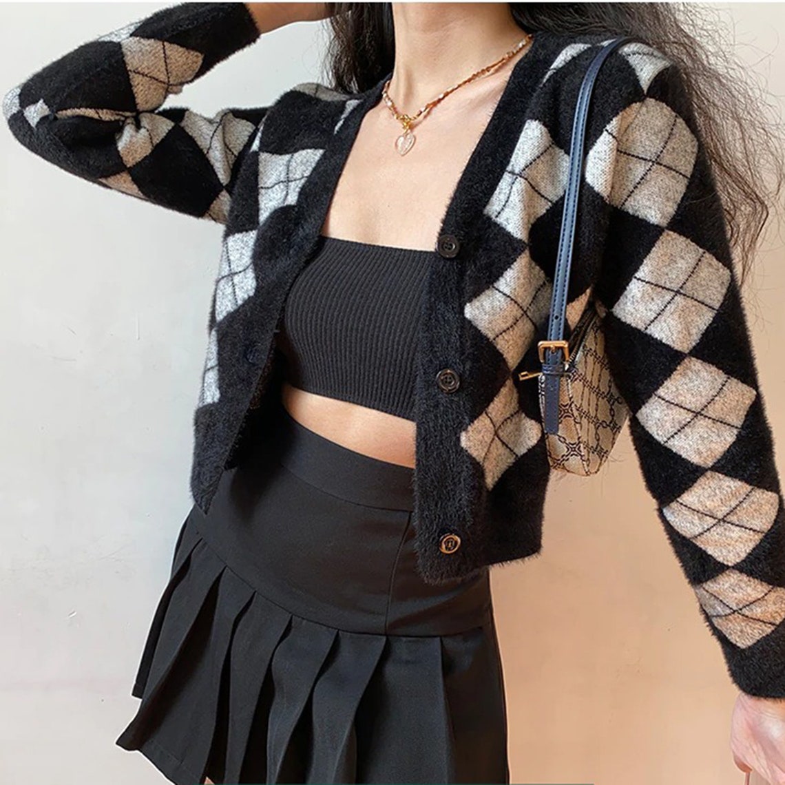 Preppy Cashmere Diamond Plaid Print Top