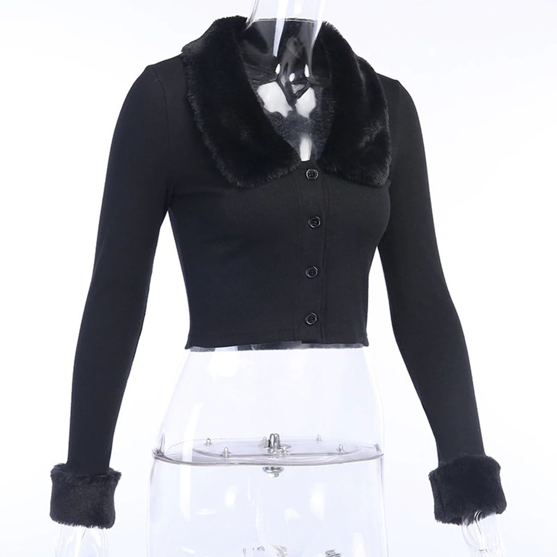 Black Fluffy Fur Collar Long Sleeves Crop Top