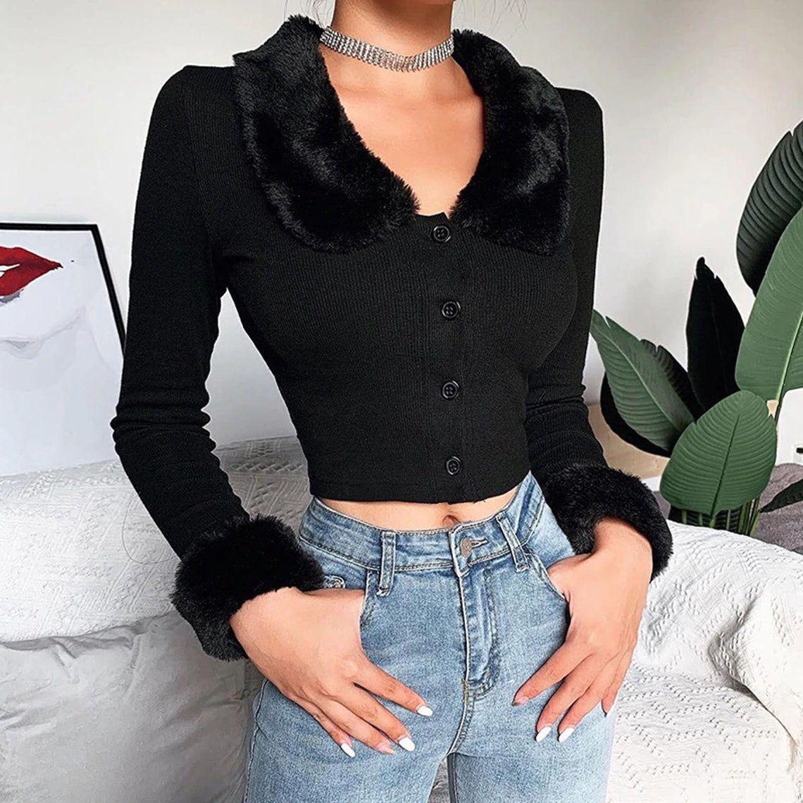 Black Fluffy Fur Collar Long Sleeves Crop Top