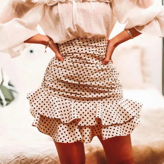 Vanilla Polka Dot Print Irregular Ruffles Mini Skirt