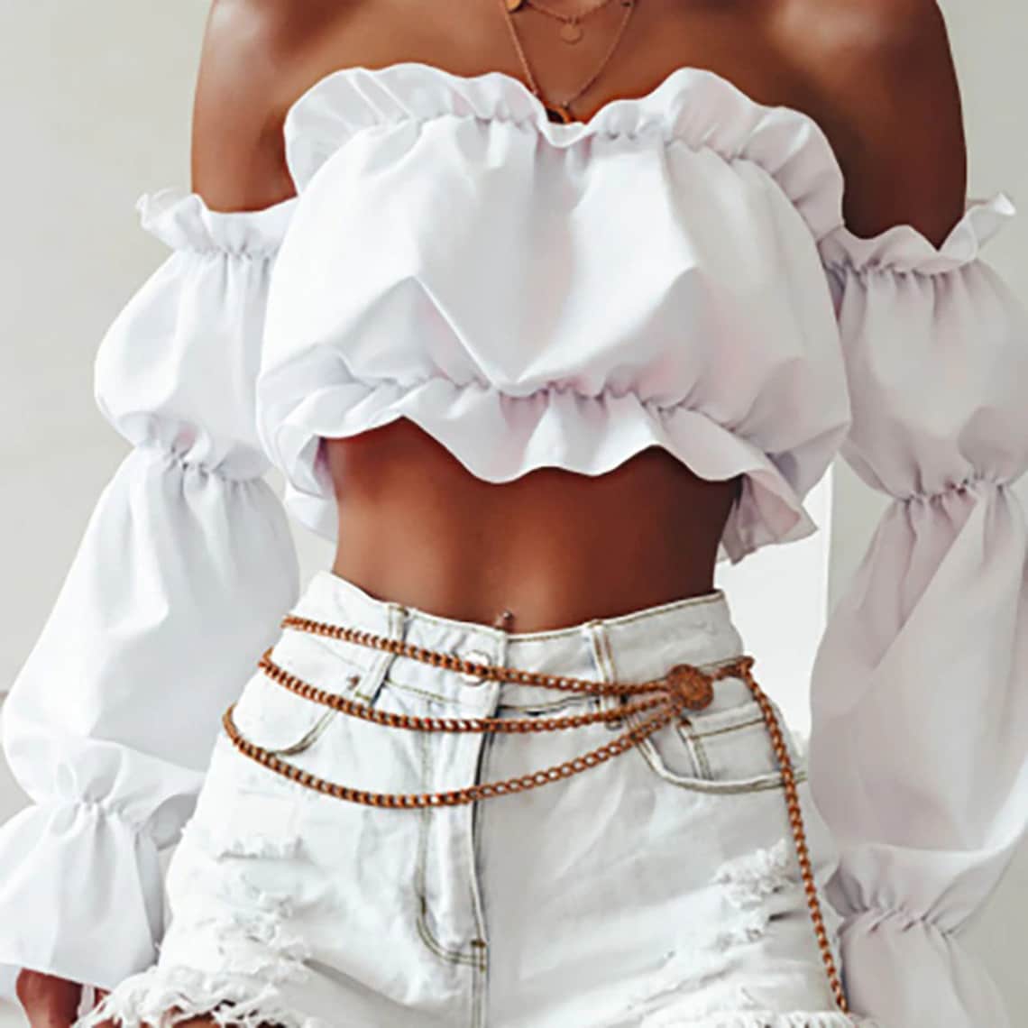 Crumpled Off Shoulder Lantern Sleeves Crop Top