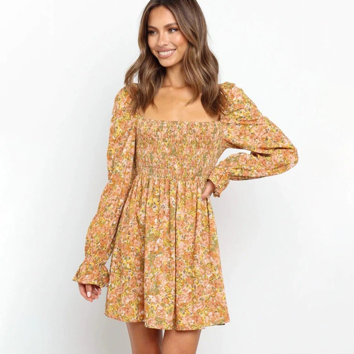 Floral Ruched Square Neck Puff Shoulder Mini Dress