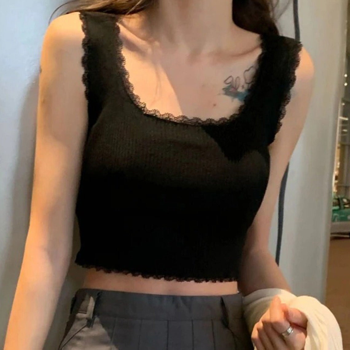 Floral Patchwork Lace Edge Ribbed Top