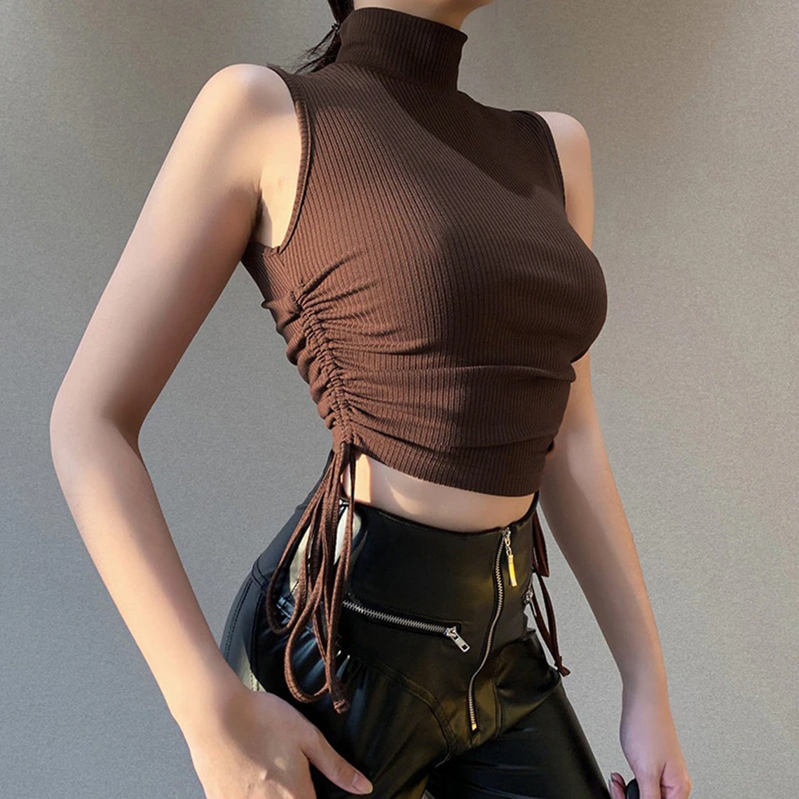 Women's Turtleneck Drawstring Rib Style Crop Top