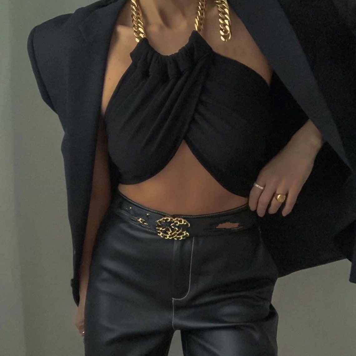 Black Wrap Halter Neck Chains Crop Top
