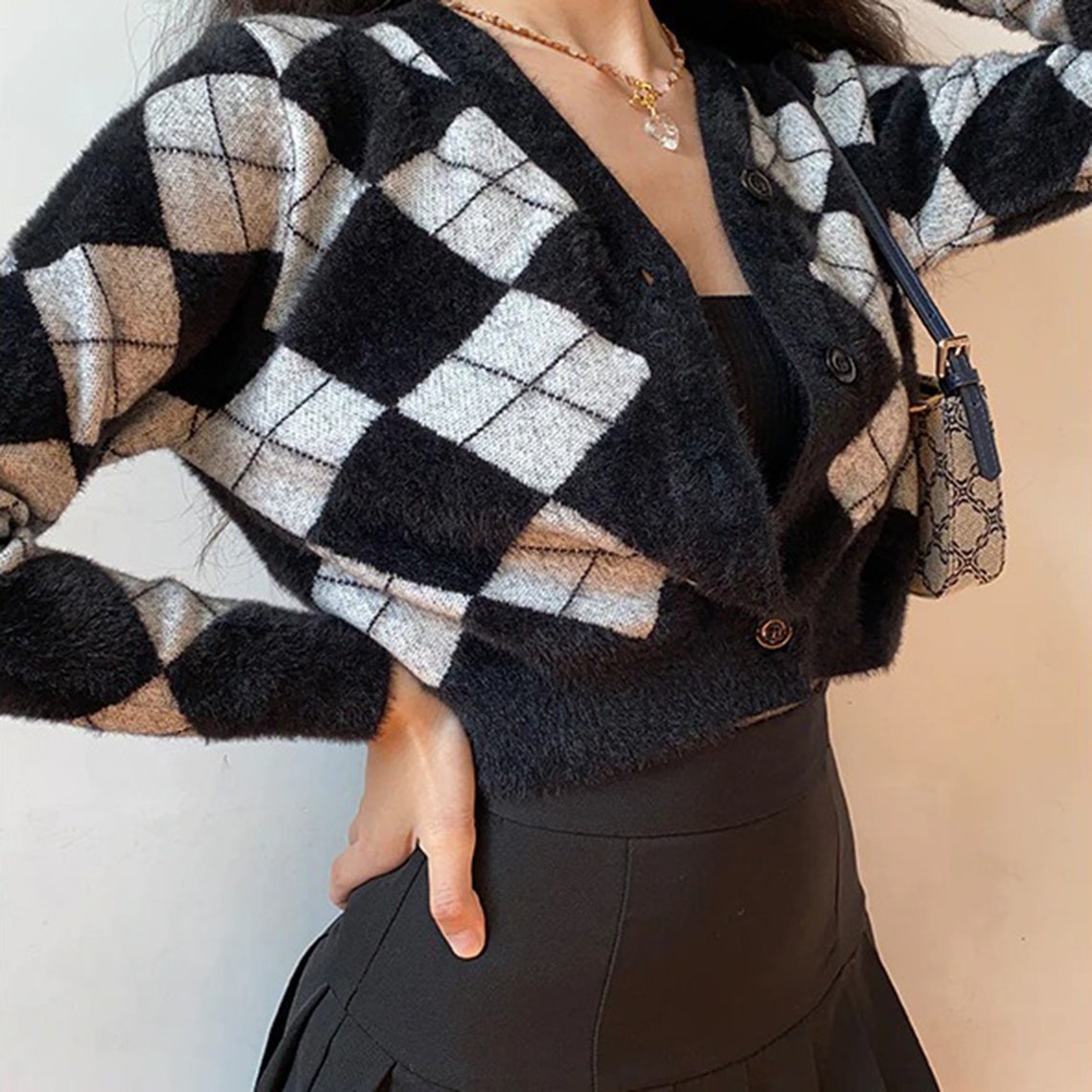 Preppy Cashmere Diamond Plaid Print Top