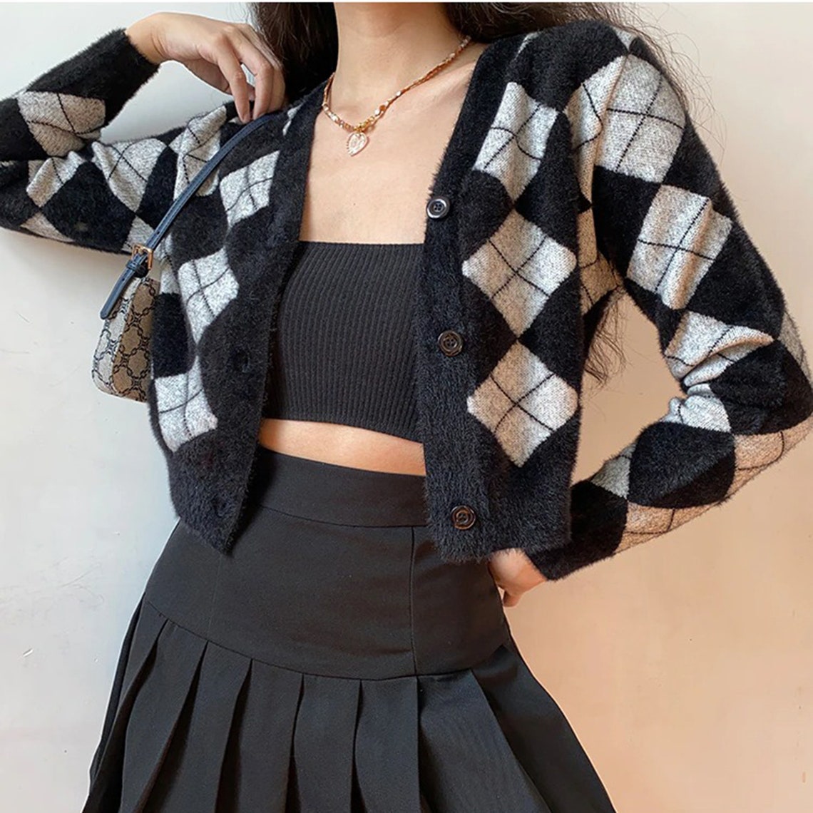 Preppy Cashmere Diamond Plaid Print Top