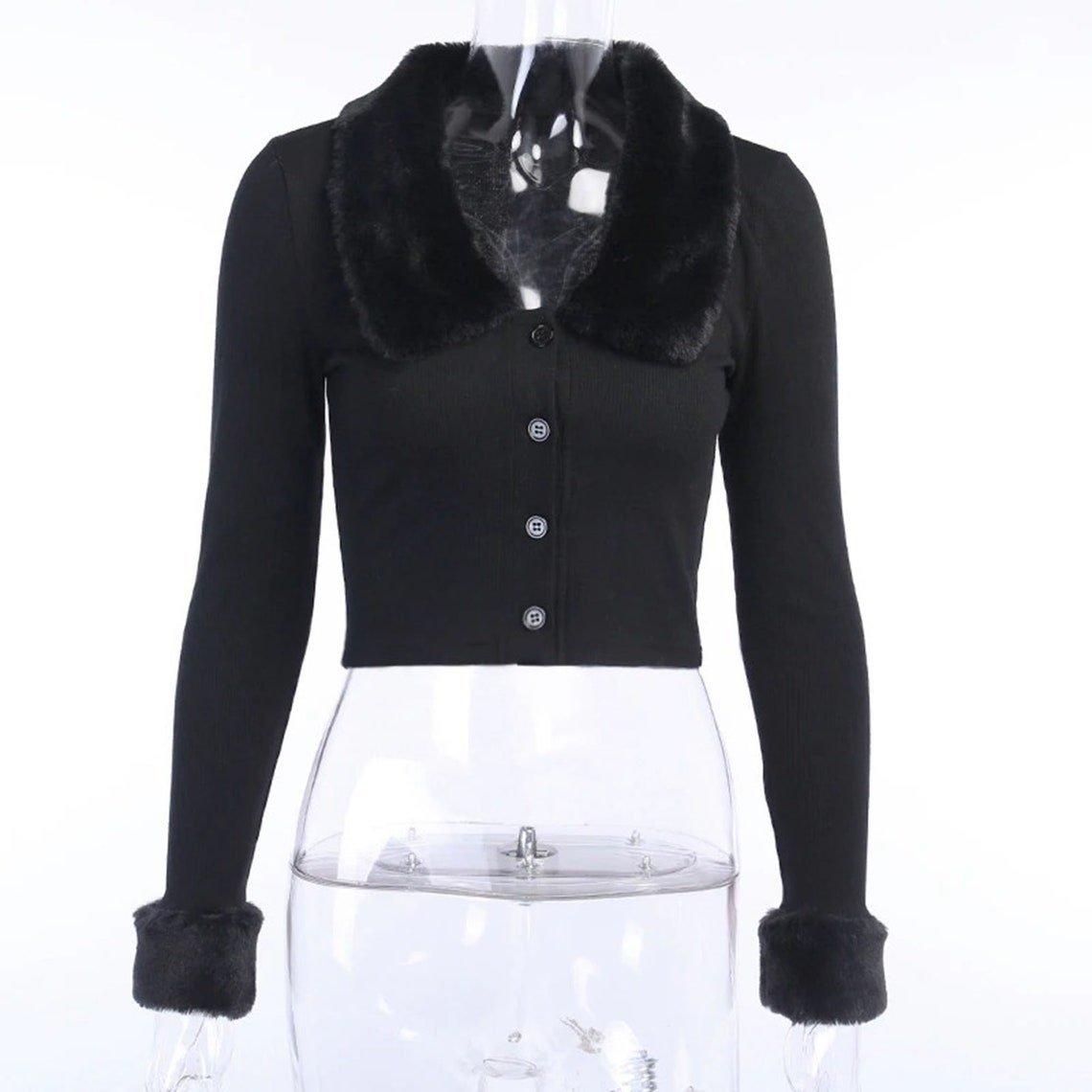 Black Fluffy Fur Collar Long Sleeves Crop Top
