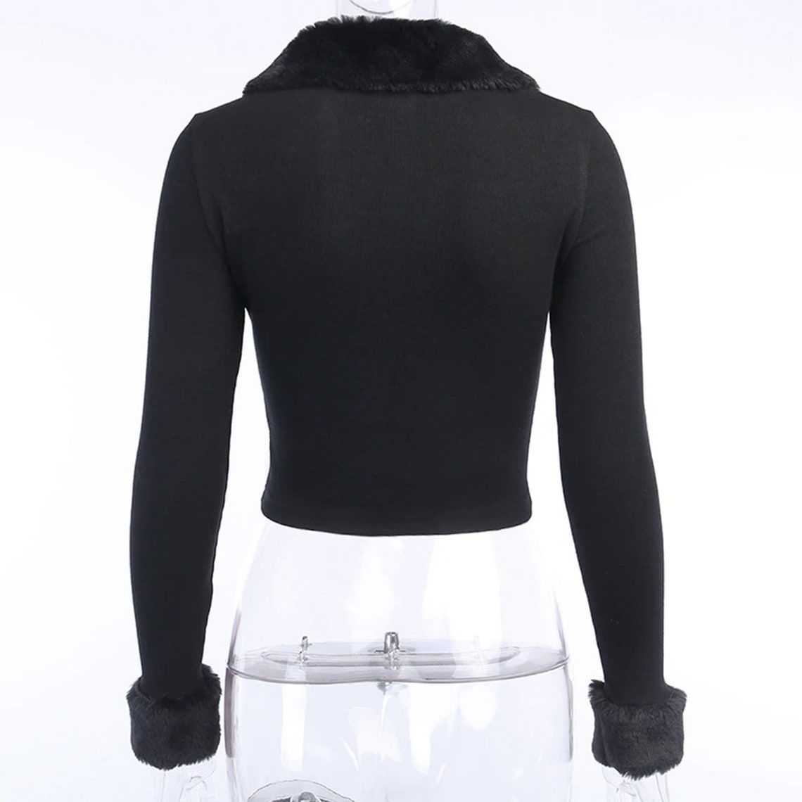 Black Fluffy Fur Collar Long Sleeves Crop Top