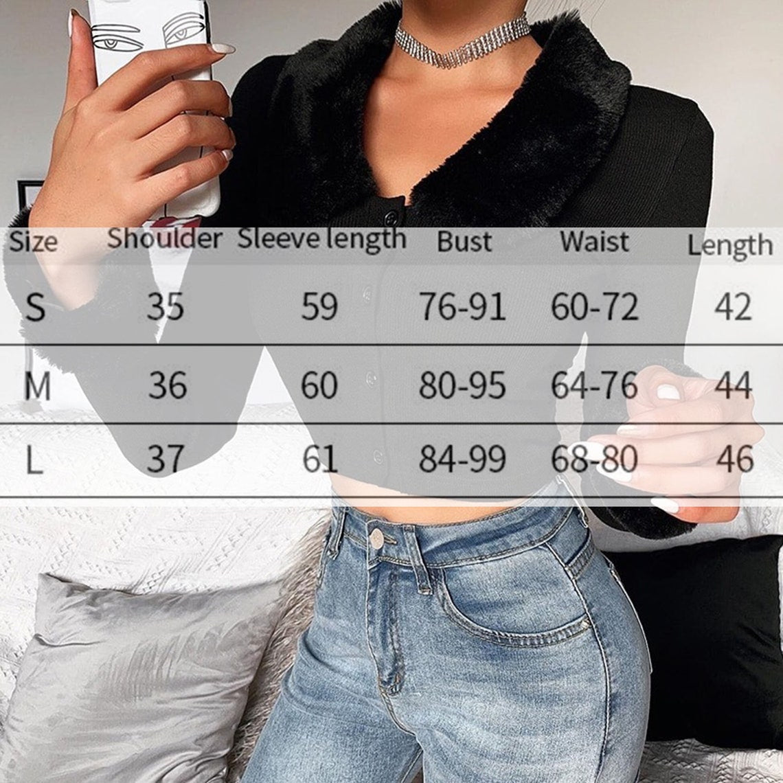 Black Fluffy Fur Collar Long Sleeves Crop Top