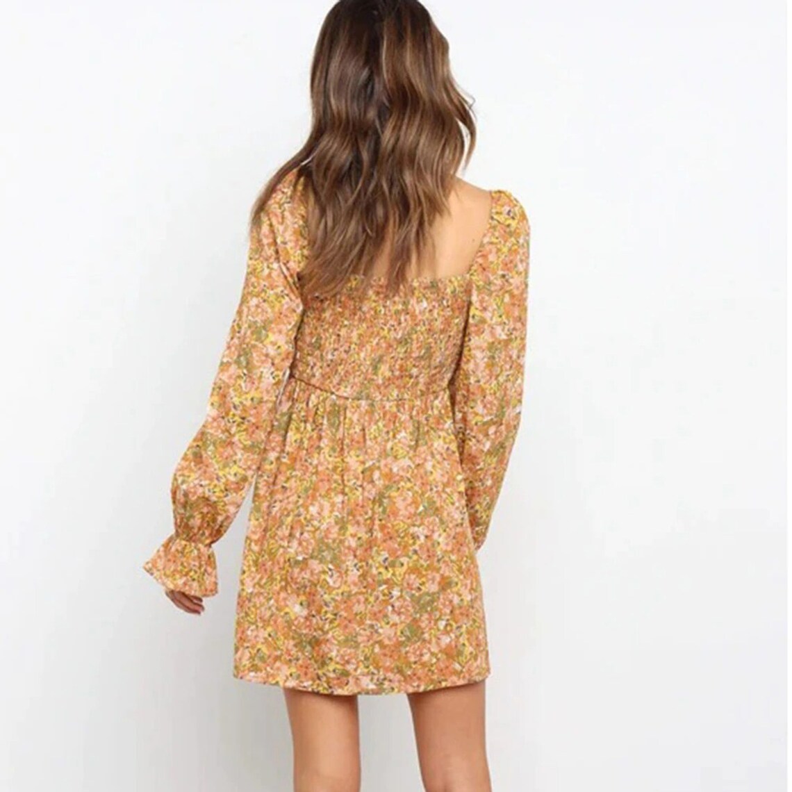 Floral Ruched Square Neck Puff Shoulder Mini Dress