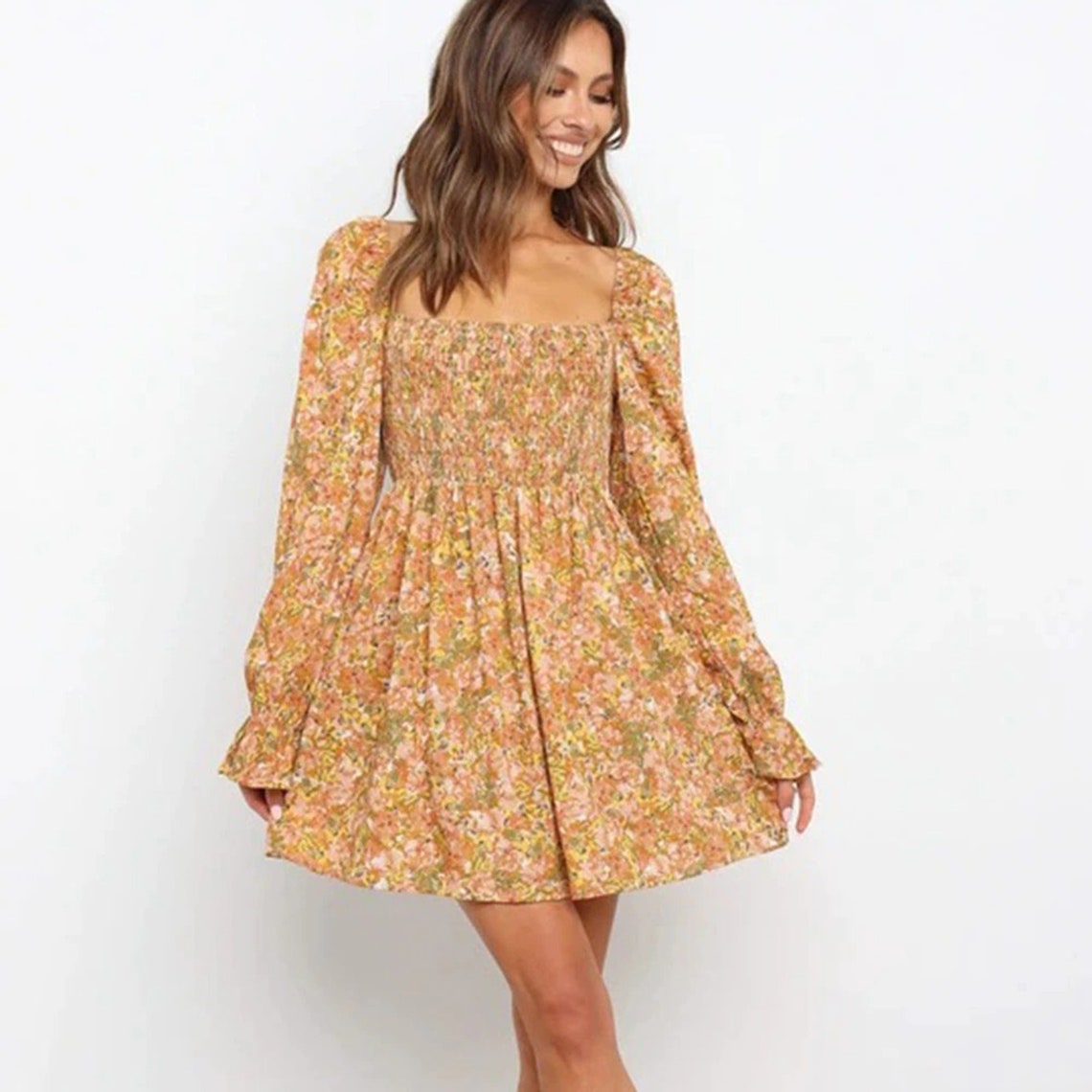 Floral Ruched Square Neck Puff Shoulder Mini Dress