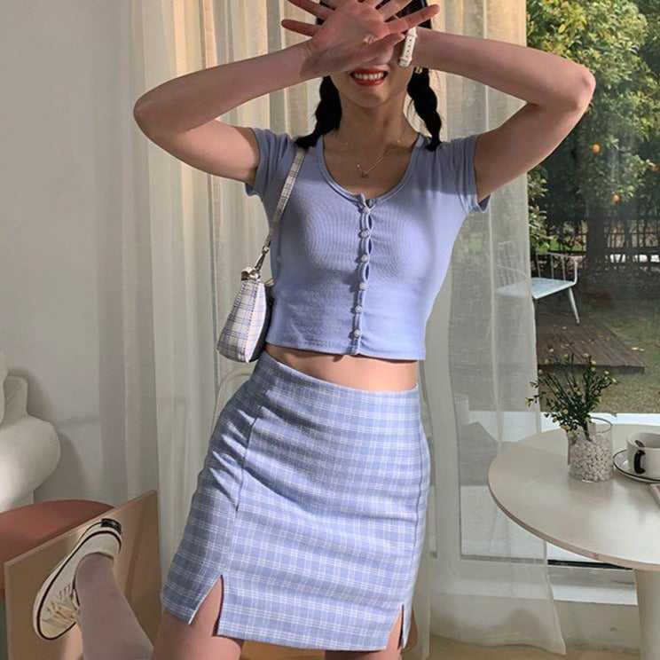 Plaid Light Blue Mini Skirt