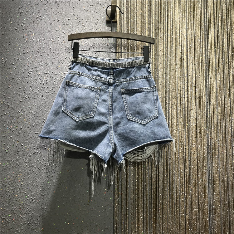Shiny Rhinestones Tassel Chains Ripped Denim Short (Without Belt)