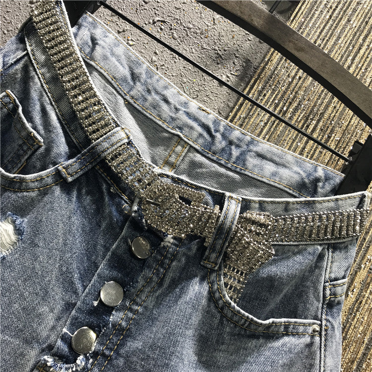 Shiny Rhinestones Tassel Chains Ripped Denim Short (Without Belt)